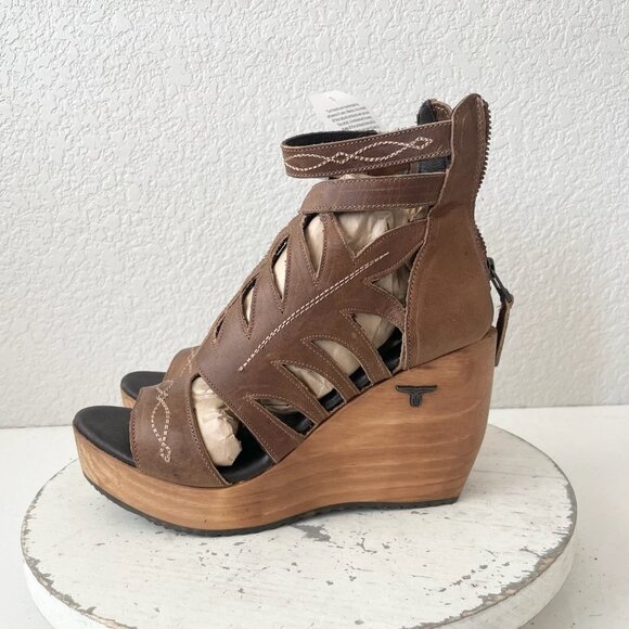 NEW Lane Boots BECCA Womens Brown Wedges 8.5 Western Sandals Cowgirl Wooden Heel - Picture 6 of 11